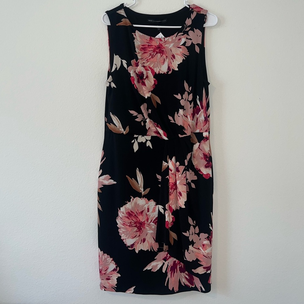 White House Black Market Black Midi Dress with Pink Floral Print